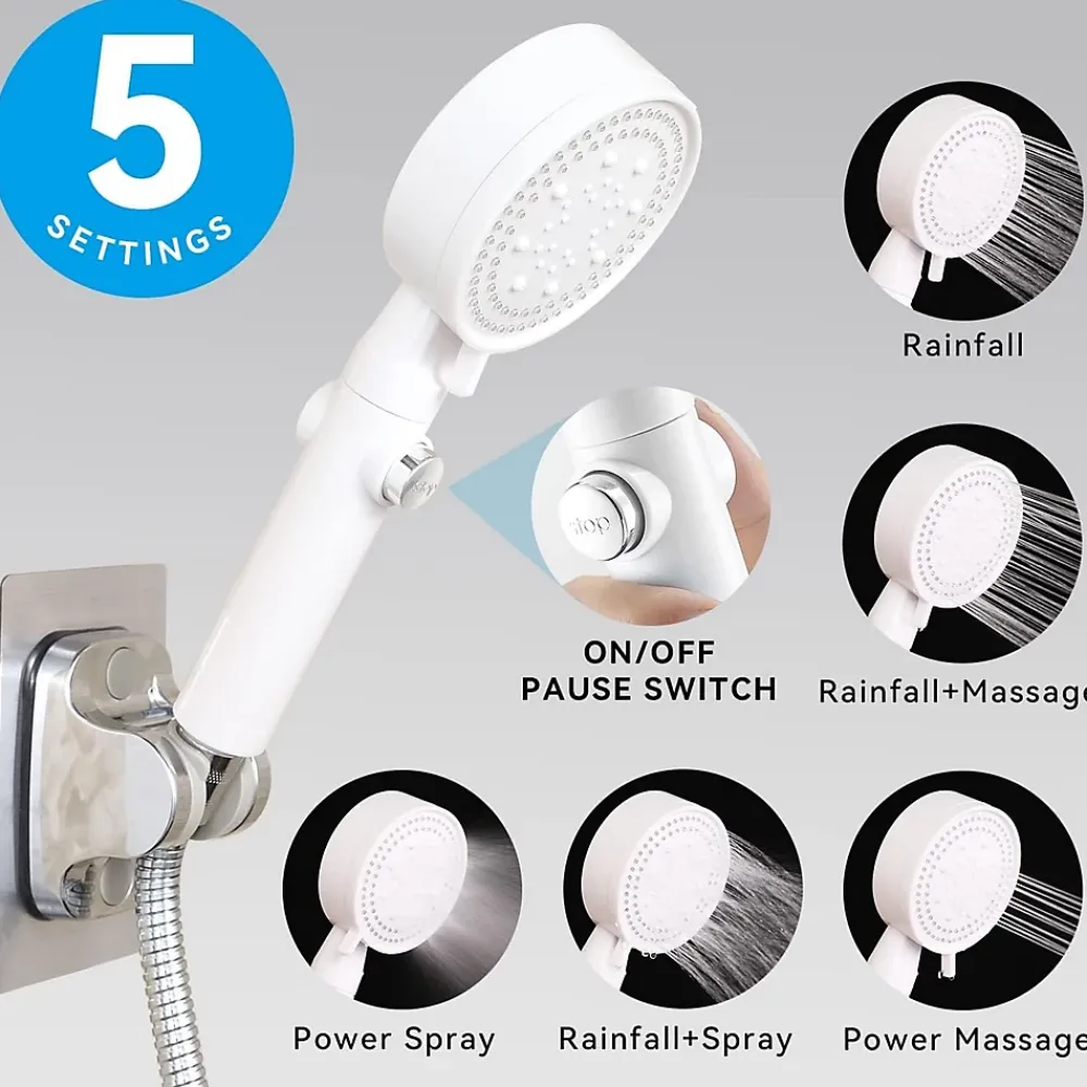 Pommeau De Douche, Flexible Et Barre De Douche|Deko Pommeau de douche haute pression, économie d'eau, 5 jets, idéal pour le bain et le spa, anticalcaire, haute pression (blanc)