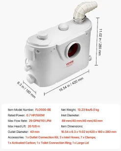 Wc Chimique Et Broyeur|Vevor Pompe macératrice 500W, sanitaire 4 entrées eau, 110 L min, ht. refoulement 8 m.