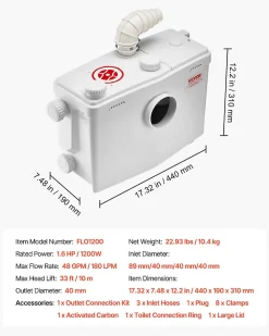 Wc Chimique Et Broyeur|Vevor Pompe macératrice 1200W, sanitaire 4 entrées eau, 180 L min, ht. refoulement 10 m.