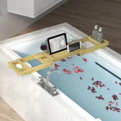 Tablier Et Habillage De Baignoire|Homcom Pont plateau de baignoire extensible 75-109L cm - porte-gobelet et savon - bambou verni
