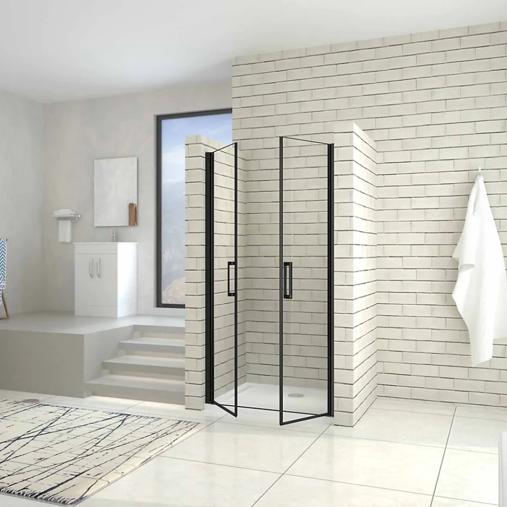 AICA Sanitaire Porte de douche battante 100cm en verre trempé anticalcaire profil et poignée Noir Mat douche italienne hauteur 200cm