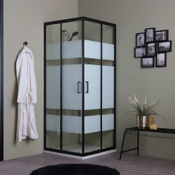 Kiamami Valentina Porte De Douche Carrée 90X90 Avec Portes Sérigraphiées Et Profilés Noirs - City