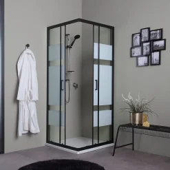 Kiamami Valentina Porte De Douche Carrée 90X90 Avec Portes Sérigraphiées Et Profilés Noirs - City