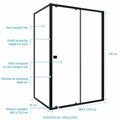 Aurlane Porte de Douche Coulissante Extensible 100x185cm et Retour Fixe 80cm - Noir - BLACK SLIDE