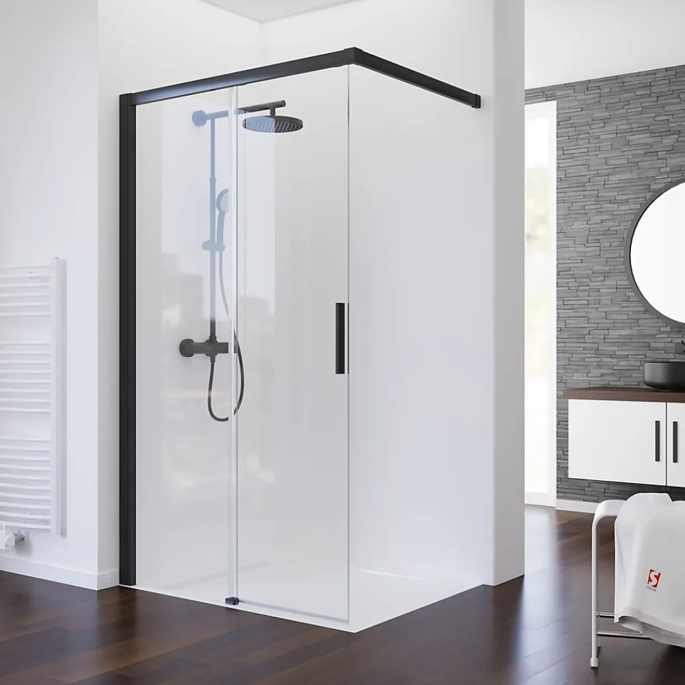 Porte De Douche|Schulte Porte de douche coulissante ouverture gauche l.120 x H.200 cm, verre transparent anticalcaire, profilé noir, Imperial