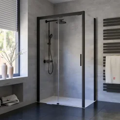 Schulte Porte de douche coulissante transparente l. totale 120 x H.200 cm avec porte latérale fixe gauche l.80 cm, profilé noir, Impériale 8