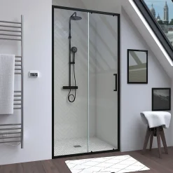 Aurlane Porte de douche coulissante 100x200 cm - Verre transparent - Profilé Noir - CRUSH