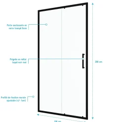 Aurlane Porte de douche coulissante 100x200 cm - Verre transparent - Profilé Noir - CRUSH
