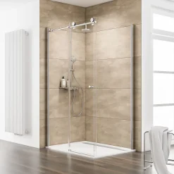 Schulte Porte de douche coulissante avec paroi latérale l.120+80 x H.200 cm, verre transparent anticalcaire, profilé chromé, MasterClass