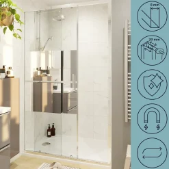 GoodHome Porte de douche coulissante l.120 x H.195 cm, bandes miroir, profilés alu chrome, Ledava