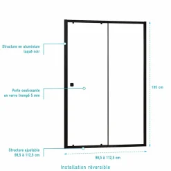 Aurlane Porte de douche Coulissante Noir 100x185cm - Extensible de 98.5 à 112.5cm - BLACK SLIDE 100