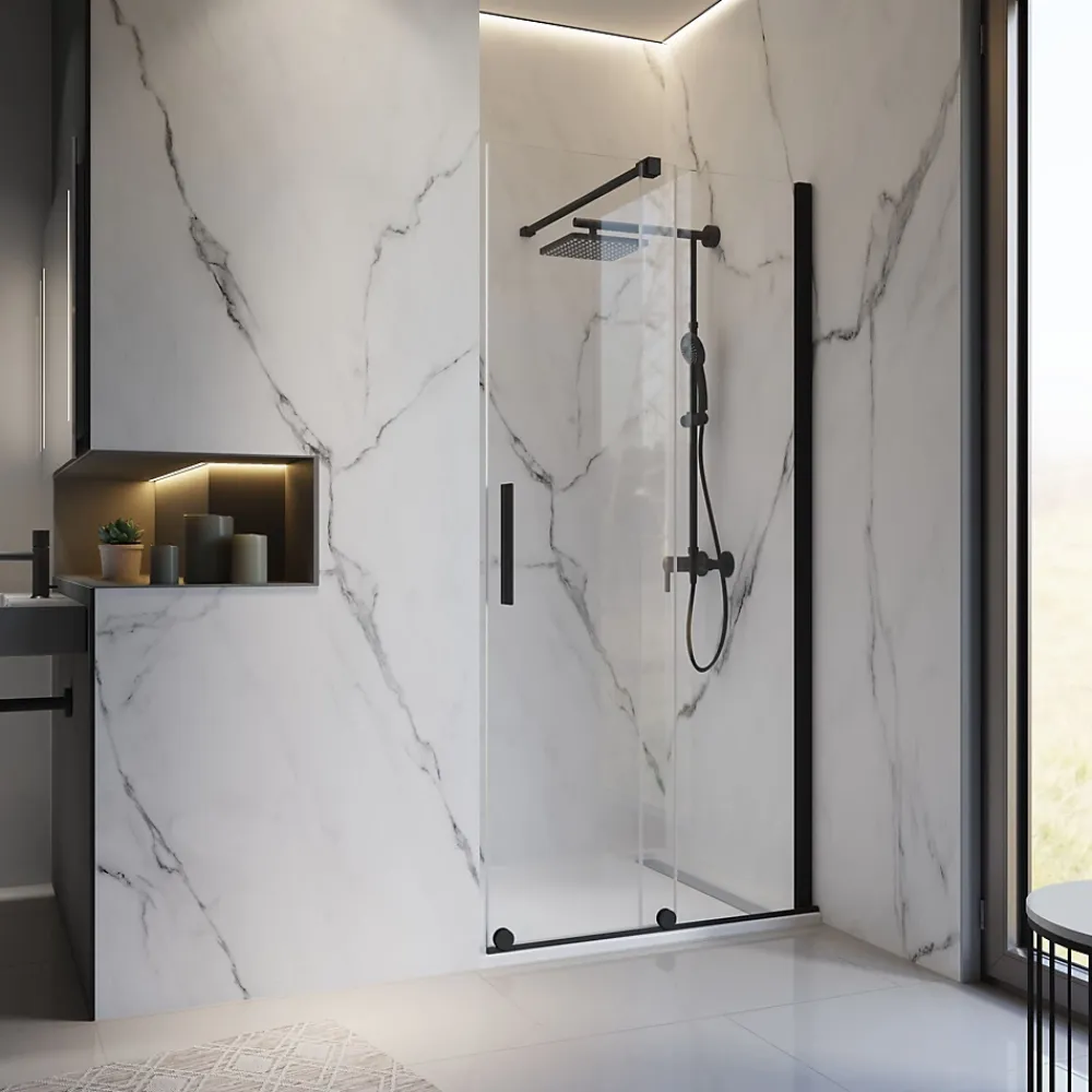 Schulte Porte de douche coulissante avec roulettes l.100 x H.200 cm, verre transparent anticalcaire, profilé noir mat, NewStyle