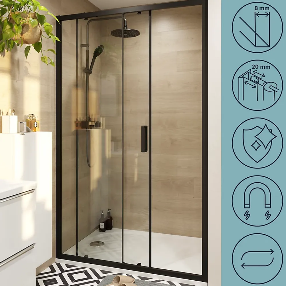 GoodHome Porte de douche coulissante l.120 x H.195 cm, profilés alu noir, Ledava