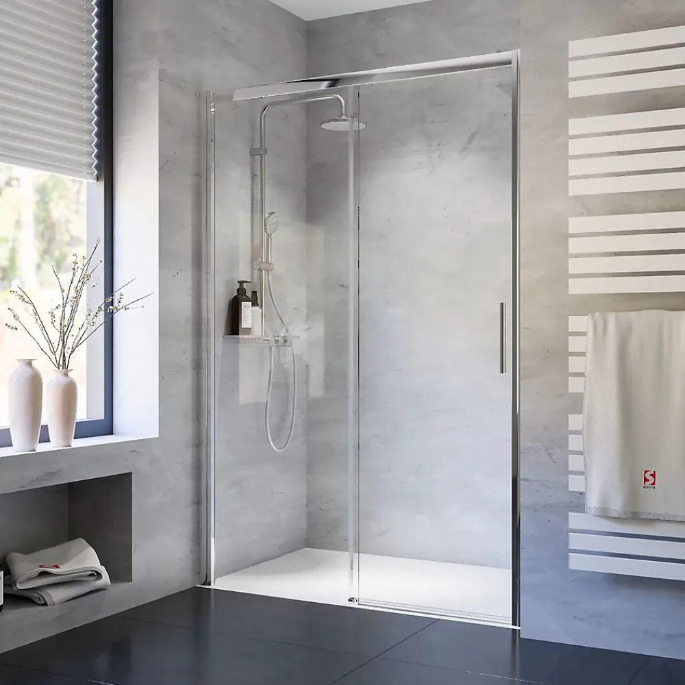 Schulte Porte de douche coulissante l.120 x H.200 cm, verre transparent anticalcaire, profilé chromé, Impériale 9