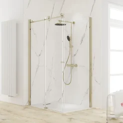 Schulte Porte de douche coulissante avec paroi latérale l.100+80 x H.200 cm, verre transparent, profilé doré mat, MasterClass