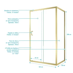 Galedo Porte de douche coulissante et paroi fixe l.120 + 80 x H.200 cm profilés doré brossé, Factory