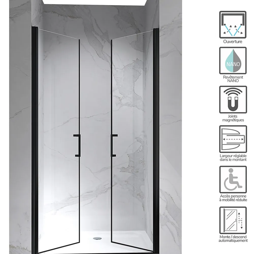 Porte De Douche|Saniverre Porte de douche KAYA-BLACK H. 180, l. 71-74 cm, verre transparent 6 mm anticalcaire -