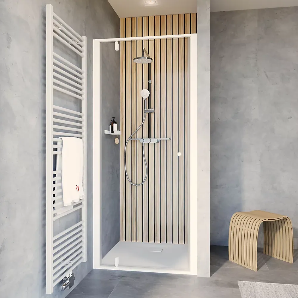 Porte De Douche|Schulte Porte de douche pivotante en niche l.90 x H.200 cm, verre transparent, profilé blanc mat, Impériale
