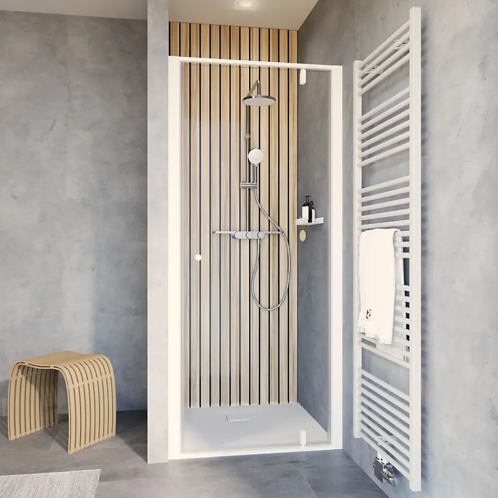 Porte De Douche|Schulte Porte de douche pivotante en niche l.90 x H.200 cm, verre transparent, profilé blanc mat, Impériale