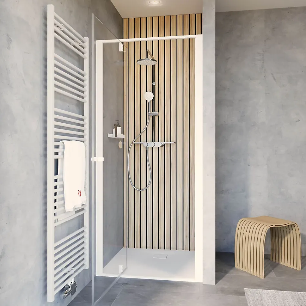 Porte De Douche|Schulte Porte de douche pivotante en niche l.90 x H.200 cm, verre transparent, profilé blanc mat, Impériale