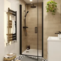 GoodHome Porte de douche pivotante l.90 x H.195 cm, verre transparent, profilés alu noir, Ledava