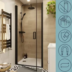 GoodHome Porte de douche pivotante l.90 x H.195 cm, verre transparent, profilés alu noir, Ledava