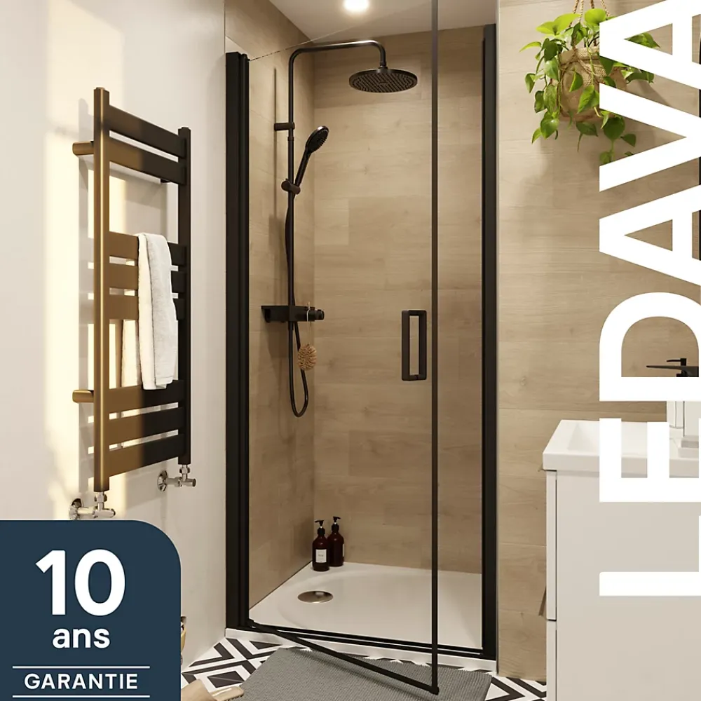 GoodHome Porte de douche pivotante l.90 x H.195 cm, verre transparent, profilés alu noir, Ledava