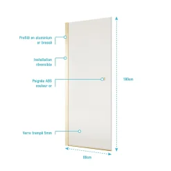 Aurlane Porte de Douche Pivotante 80x180 cm en Verre Trempe 5 mm - Finition Or Brosse - GOLD ELEMENTARY