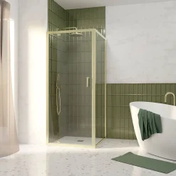 Paroi De Douche|Galedo Porte de douche pivotante et paroi fixe l.90 x 90 x H.200 cm profilés doré brossé, Factory