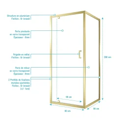 Paroi De Douche|Galedo Porte de douche pivotante et paroi fixe l.90 x 90 x H.200 cm profilés doré brossé, Factory