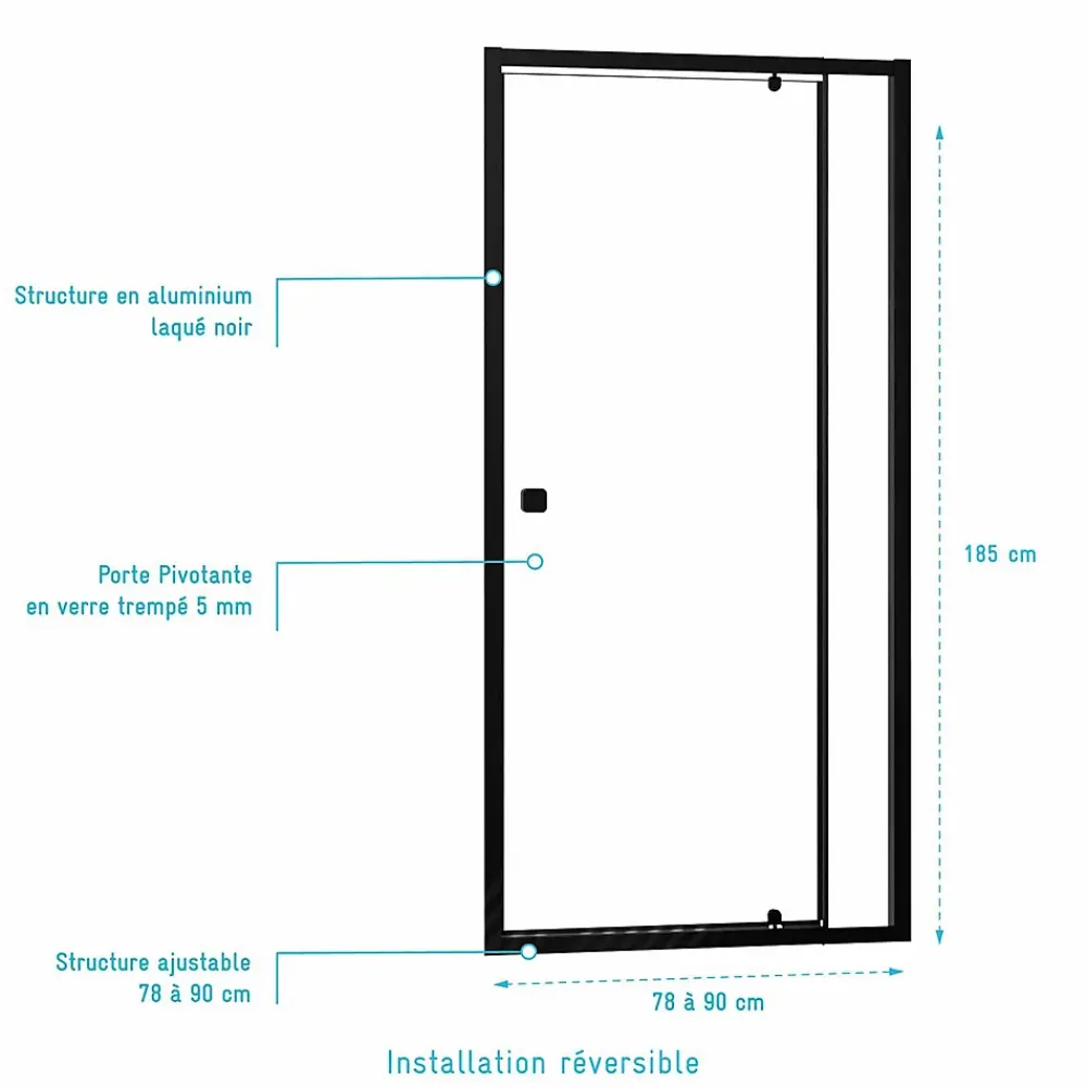 Aurlane Porte de douche Pivotante Noir 80-90x185cm - Extensible de 78 à 90 cm - BLACK SLIDE 80 90
