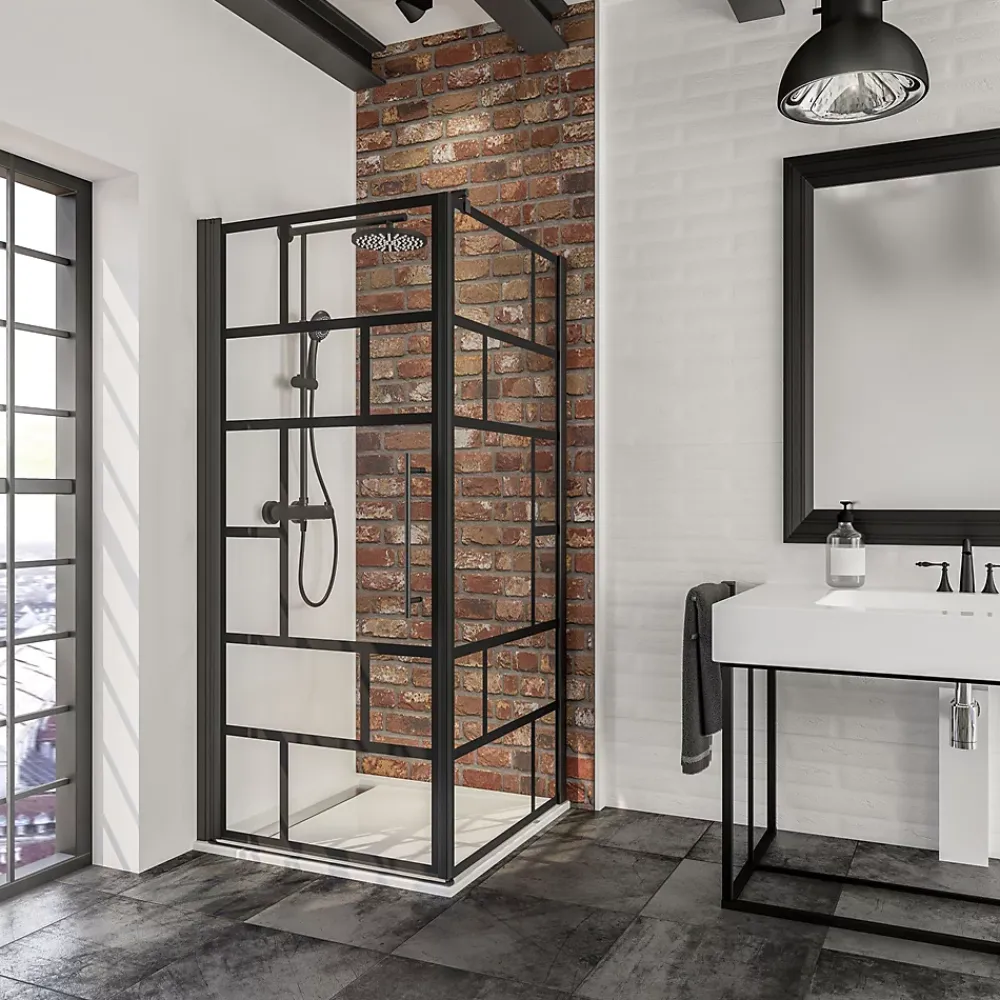 Schulte Porte de douche pivotante et paroi latérale 90 x 90 cm, NewStyle, verre transparent décor atelier, profilés noirs