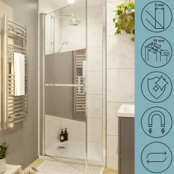 GoodHome Porte de douche pivotante l.80 x H.195 cm, bandes miroir, profilés alu chrome, Ledava