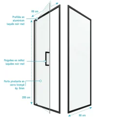 Aurlane Porte de douche Pivotante et retour 80x80x200 - Profilés noir mat - CRUSH PIVOTANTE