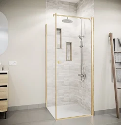 Aurlane Porte de Douche Pivotante 70x195cm et Retour 90cm - Verre 8mm Anticalcaire - Profil Or Brosse