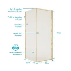 Aurlane Porte de Douche Pivotante 70x195cm et Retour 90cm - Verre 8mm Anticalcaire - Profil Or Brosse