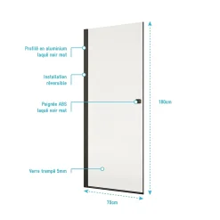 Porte De Douche|Aurlane Porte de Douche Pivotante 70x180 cm en Verre Trempe 5 mm - Finition Noire - DARK ELEMENTARY