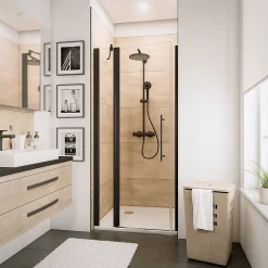 Porte De Douche|Schulte Porte de douche pivotante sur élément fixe l.120 x H.192 cm, verre transparent anticalcaire, profilé noir mat, NewStyle