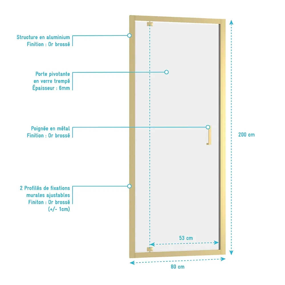 Porte De Douche|Galedo Porte de douche pivotante 80 x 200 cm, profilés alu doré brossé, Factory Gold