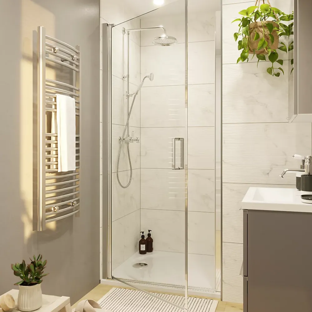 GoodHome Porte de douche pivotante l.90 x H.195 cm, verre transparent, profilés alu chrome, Ledava