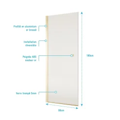 Porte De Douche|Aurlane Porte de Douche Pivotante 90x180 cm en Verre Trempe 5 mm - Finition Or Brosse - GOLD ELEMENTARY