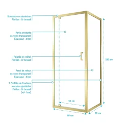 Paroi De Douche|Galedo Porte de douche pivotante et paroi fixe l.80 x 80 x H.200 cm profilés doré brossé, Factory