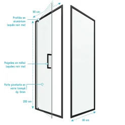 Aurlane Porte de douche Pivotante et retour 90x90x200 - Profilés noir mat - CRUSH PIVOTANTE
