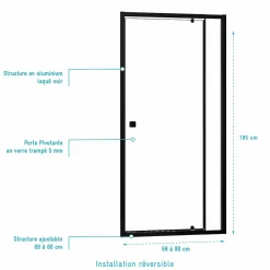 Aurlane Porte de douche Pivotante Noir 70-80x185cm - Extensible de 69 à 80 cm - BLACK SLIDE 70 80
