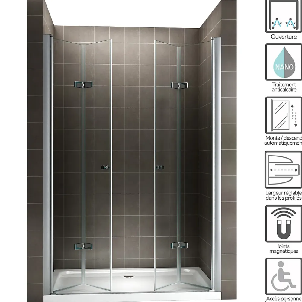 Saniverre Porte de douche pliante EMMY H.195 largeur réglable 112 à 116 cm verre transparent -