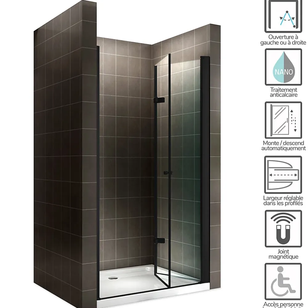 Saniverre Porte de douche pliante MONABLACK H.195 largeur réglable 100 à 104 cm verre transparent -