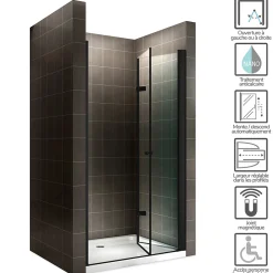 Saniverre Porte de douche pliante MONABLACK H.195 largeur réglable 96 à 100 cm verre transparent -