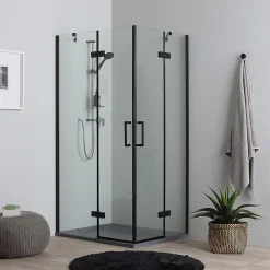 Kiamami Valentina Porte De Douche 80X100 Noire Mate Réversible Avec Deux Portes Battantes En Verre - London
