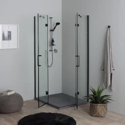 Kiamami Valentina Porte De Douche 80X100 Noire Mate Réversible Avec Deux Portes Battantes En Verre - London