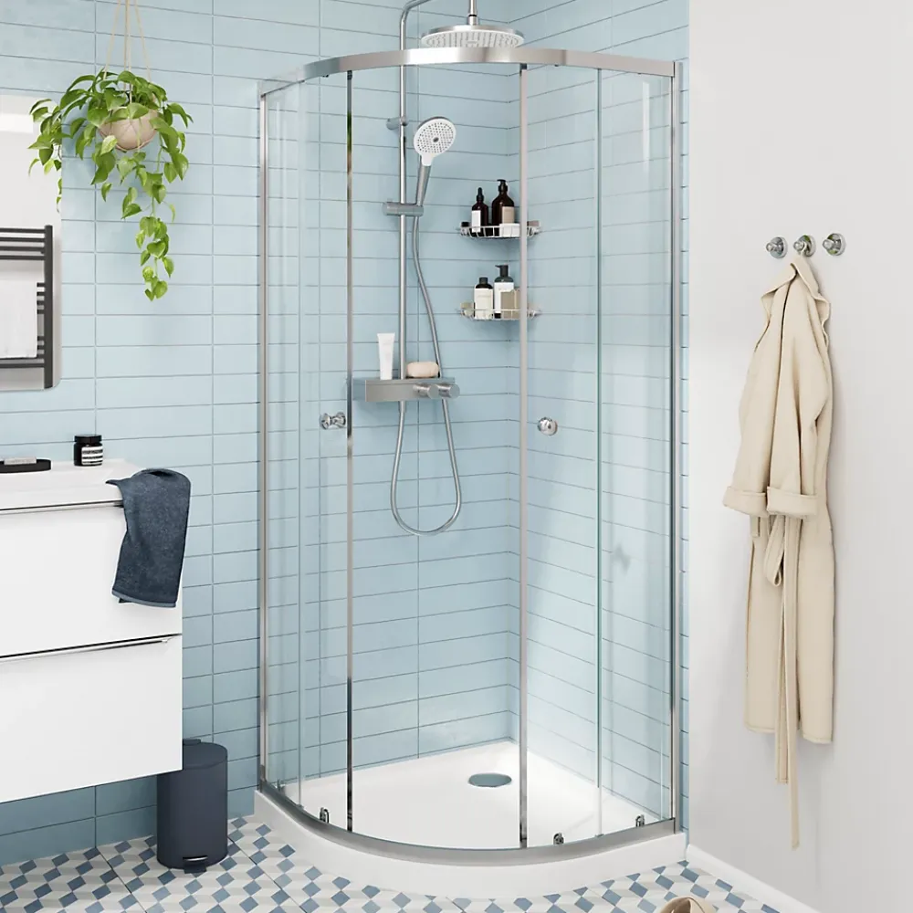 GoodHome Portes de douche coulissantes accès d'angle quart de cercle l.90 x L.90 x H.195 cm, verre transparent, profilés alu chrome, Ledava